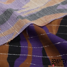 Fibranne Viscose crêpon grand imprimé papier peint seventie's ton aubergine violine ocre blanc cassé fond vermillon