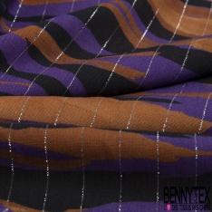 Fibranne Viscose crêpon grand imprimé papier peint seventie's ton aubergine violine ocre blanc cassé fond vermillon