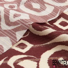 Fibranne Viscose crêpon imprimé marbrure cappuccino noir violet fine rayure lurex argent verticale