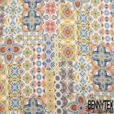 Fibranne Viscose crêpon imprimé baroque stylisé crème fond sang de taureau fine rayure lurex verticale