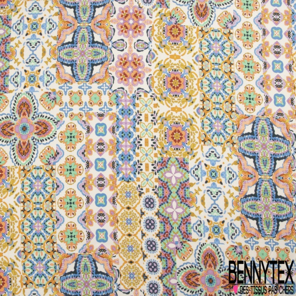 Fibranne Viscose crêpon imprimé baroque stylisé crème fond sang de taureau fine rayure lurex verticale