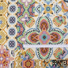 Fibranne Viscose crêpon imprimé baroque stylisé crème fond sang de taureau fine rayure lurex verticale