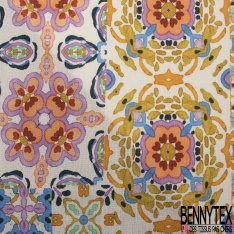 Fibranne Viscose crêpon imprimé baroque stylisé crème fond sang de taureau fine rayure lurex verticale