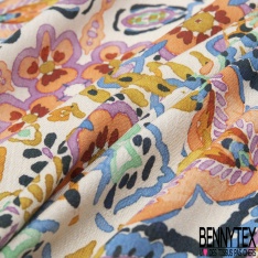 Fibranne Viscose crêpon imprimé baroque stylisé crème fond sang de taureau fine rayure lurex verticale