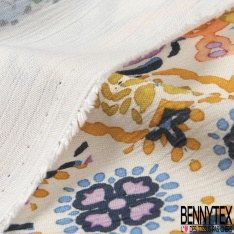 Fibranne Viscose crêpon imprimé baroque stylisé crème fond sang de taureau fine rayure lurex verticale