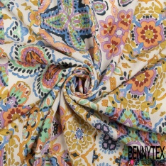 Fibranne Viscose crêpon imprimé baroque stylisé crème fond sang de taureau fine rayure lurex verticale
