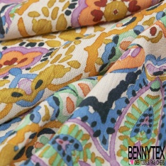 Fibranne Viscose crêpon imprimé baroque stylisé crème fond sang de taureau fine rayure lurex verticale