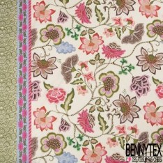 Popeline coton élasthanne fine simple base imprimé floral cachemire fushia fond mastique verdi