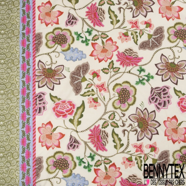 Popeline coton élasthanne fine simple base imprimé floral cachemire fushia fond mastique verdi