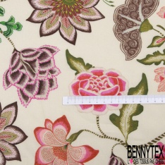 Popeline coton élasthanne fine simple base imprimé floral cachemire fushia fond mastique verdi
