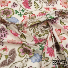 Popeline coton élasthanne fine simple base imprimé floral cachemire fushia fond mastique verdi