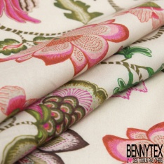 Popeline coton élasthanne fine simple base imprimé floral cachemire fushia fond mastique verdi