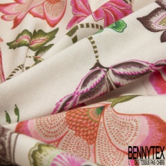 Popeline coton élasthanne fine simple base imprimé floral cachemire fushia fond mastique verdi
