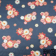 Satin coton viscose semi rigide imprimé géométrique et fleur roi blanc cassé acier rouge chinois encre de chine