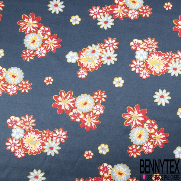 Satin coton viscose semi rigide imprimé géométrique et fleur roi blanc cassé acier rouge chinois encre de chine