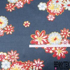 Satin coton viscose semi rigide imprimé géométrique et fleur roi blanc cassé acier rouge chinois encre de chine