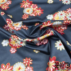 Satin coton viscose semi rigide imprimé géométrique et fleur roi blanc cassé acier rouge chinois encre de chine