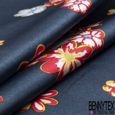 Satin coton viscose semi rigide imprimé géométrique et fleur roi blanc cassé acier rouge chinois encre de chine