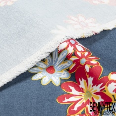 Satin coton viscose semi rigide imprimé géométrique et fleur roi blanc cassé acier rouge chinois encre de chine