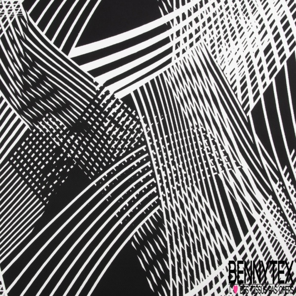 Coton damassé élasthanne grand motif abstrait noir blanc optique