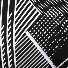 Coton damassé élasthanne grand motif abstrait noir blanc optique