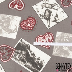 Coton enduit imprimé carte postale ancienne thème vacances au ski fond lie de vin