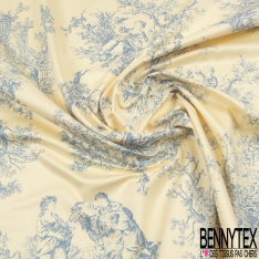Satin de coton Haute Couture imprimé toile de jouy bleu fond huile d'amande