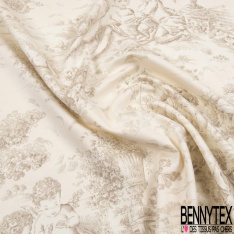 Satin de coton Haute Couture imprimé toile de jouy prune rose fond blanc discret