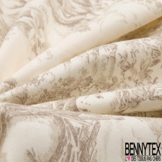 Satin de coton Haute Couture imprimé toile de jouy prune rose fond blanc discret