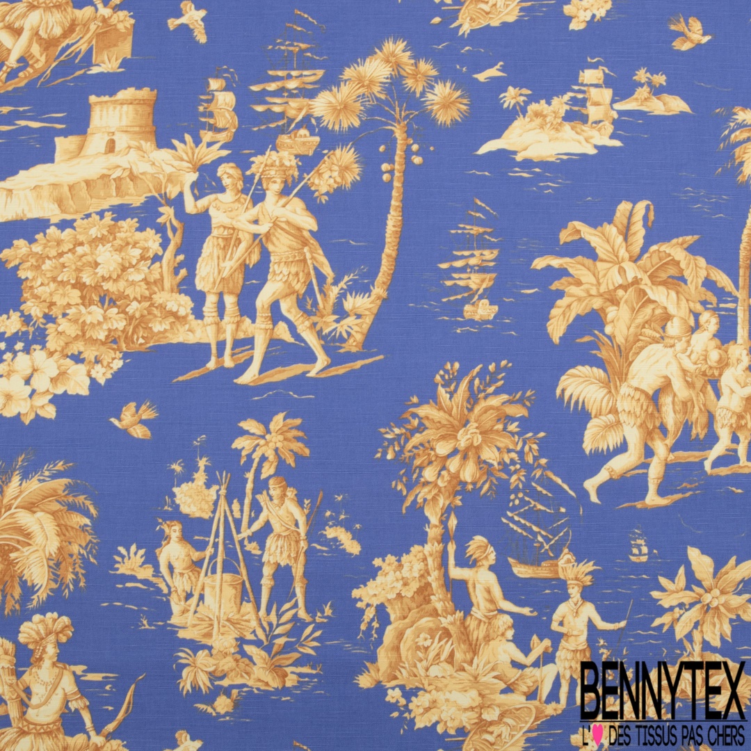 Toile De Jouy Coton 'Histoire D'Eau' Sépia - Vente Au Demi-mètre, Largeur 280cm