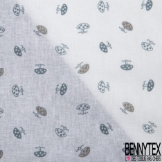 Coton fin imprimé petit champignon stylisé gris ocre fond blanc discret