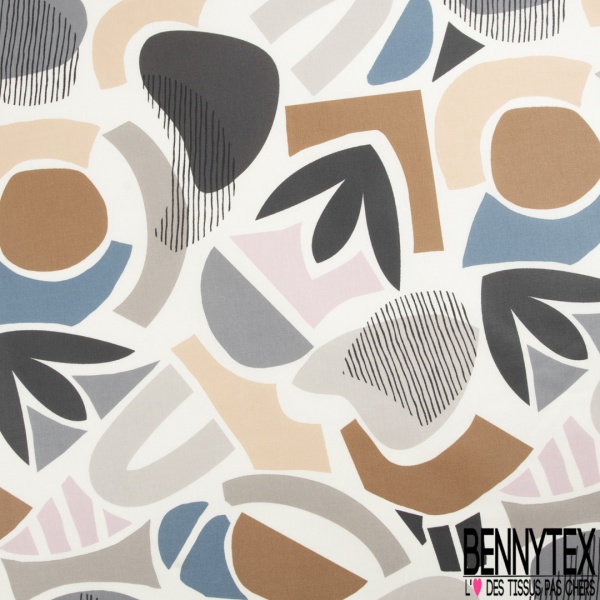 Coton enduit imprimé abstrait pictural ton naturel