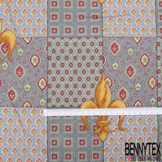 Popeline coton élasthanne imprimé carreau de ciment baroque et fleur baroque blanc gris fond bleu roi