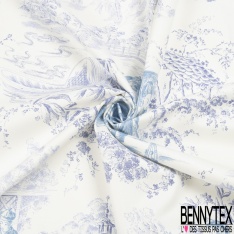 Gabardine de coton satiné haute Couture imprimé toile de jouy indigo fond blanc discret