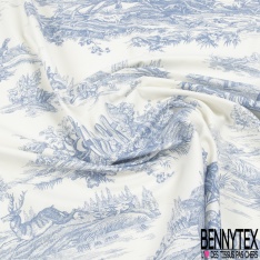 Satin de coton haute Couture imprimé toile de jouy thème Chine bleu fond blanc discret