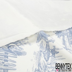 Satin de coton haute Couture imprimé toile de jouy thème Chine bleu fond blanc discret
