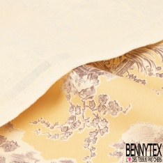 Satin de coton épais haute Couture imprimé toile de jouy ange prune fond mayonnaise