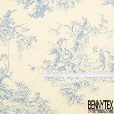 Satin de coton haute Couture imprimé toile de jouy japonisant violine prune fond souci pâle