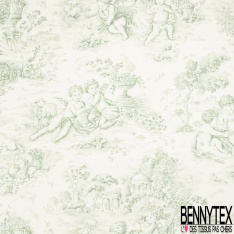 Gabardine de coton satiné haute Couture imprimé toile de jouy indigo fond jaune pastel