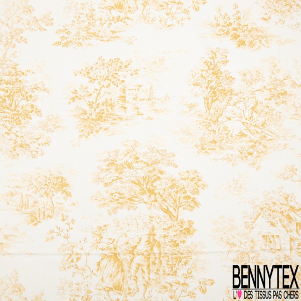 Toile de coton satiné haute Couture imprimé toile de jouy ange or de pépite fond blanc discret