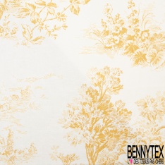 Toile de coton satiné haute Couture imprimé toile de jouy ange or de pépite fond blanc discret