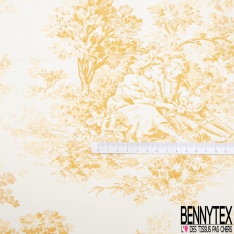 Toile de coton satiné haute Couture imprimé toile de jouy ange or de pépite fond blanc discret
