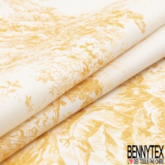 Toile de coton satiné haute Couture imprimé toile de jouy ange or de pépite fond blanc discret