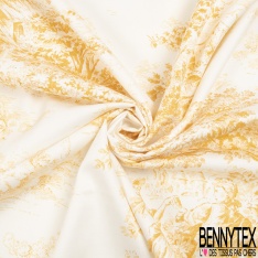Toile de coton satiné haute Couture imprimé toile de jouy ange or de pépite fond blanc discret