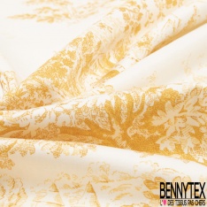 Toile de coton satiné haute Couture imprimé toile de jouy ange or de pépite fond blanc discret