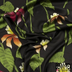 Satin viscose de luxe imprimé grande fleur tropicale fond noir