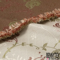Brocart damassé coton polyamide imprimé floral écru fond sable mouillé