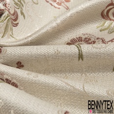 Brocart damassé coton polyamide imprimé floral écru fond sable mouillé