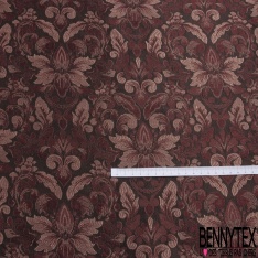 Brocart polyester fin rigide motif floral baroque ton noir soleil couchant