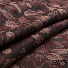 Brocart polyester fin rigide motif floral baroque ton noir soleil couchant